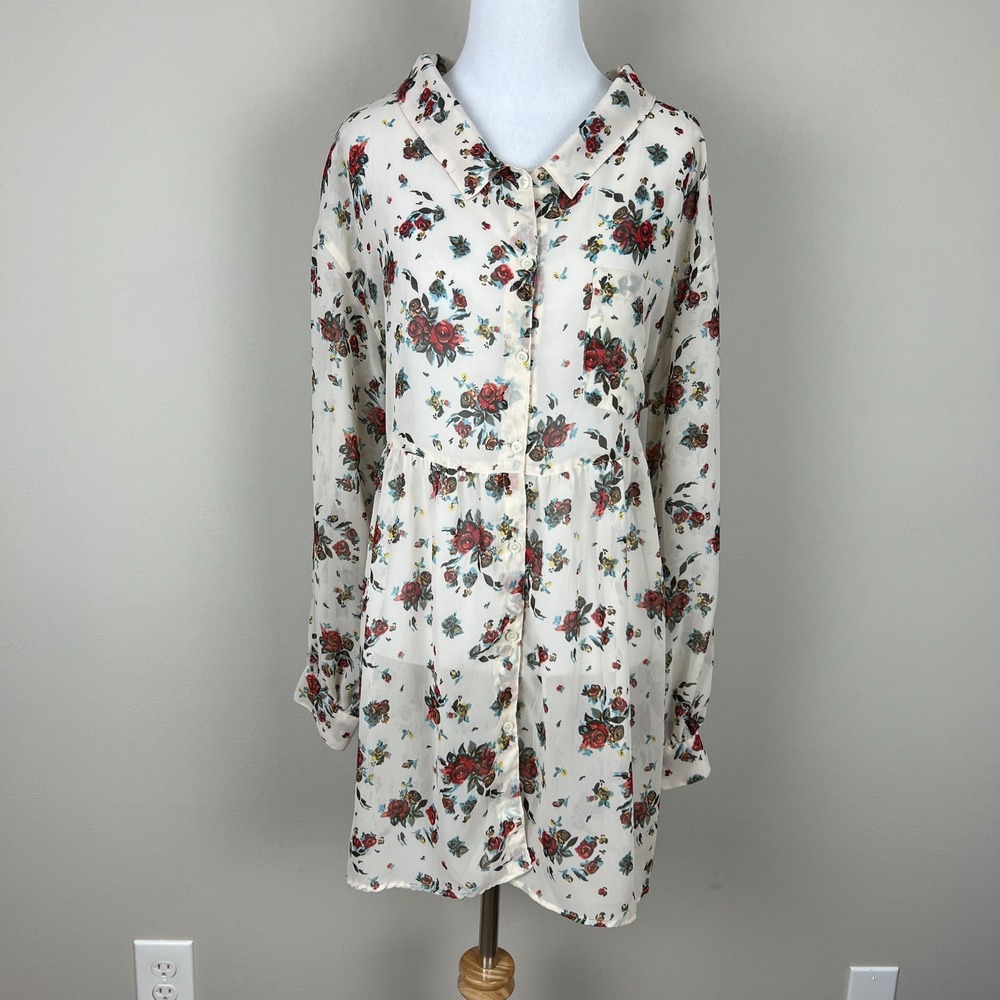 Free People Tunic Top Womens Small Drawstring‎ Tie Back Floral Sheer Bohemian S